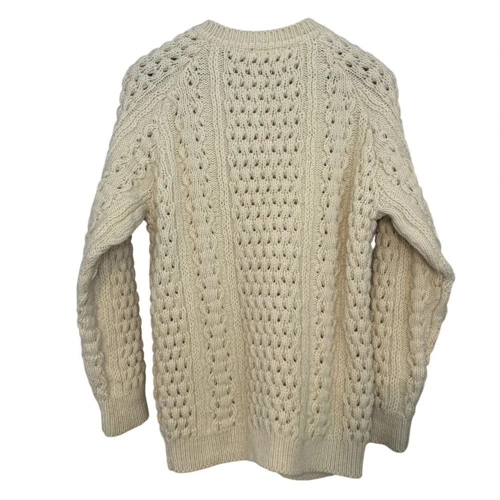 Vtg L.L. Bean Fisherman Cable Knit Cardigan‎ Sweater Womens M Cream Coastal